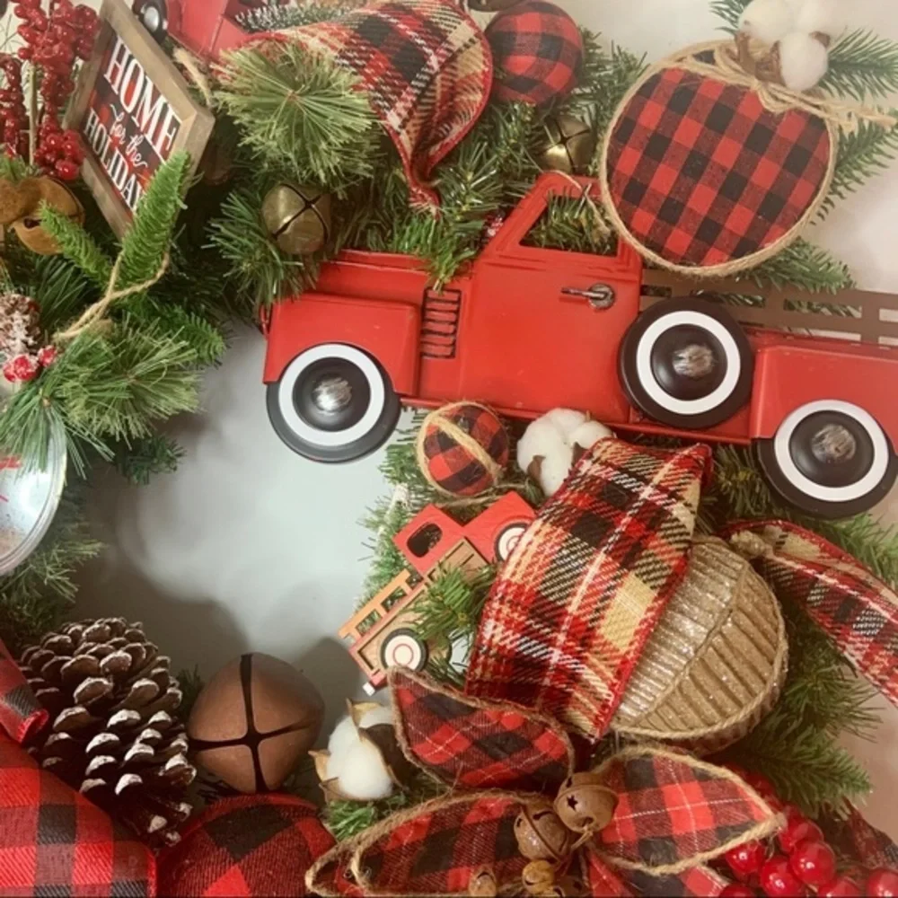 Christmas Red Truck Rustic Farmhouse Plaid Wreath